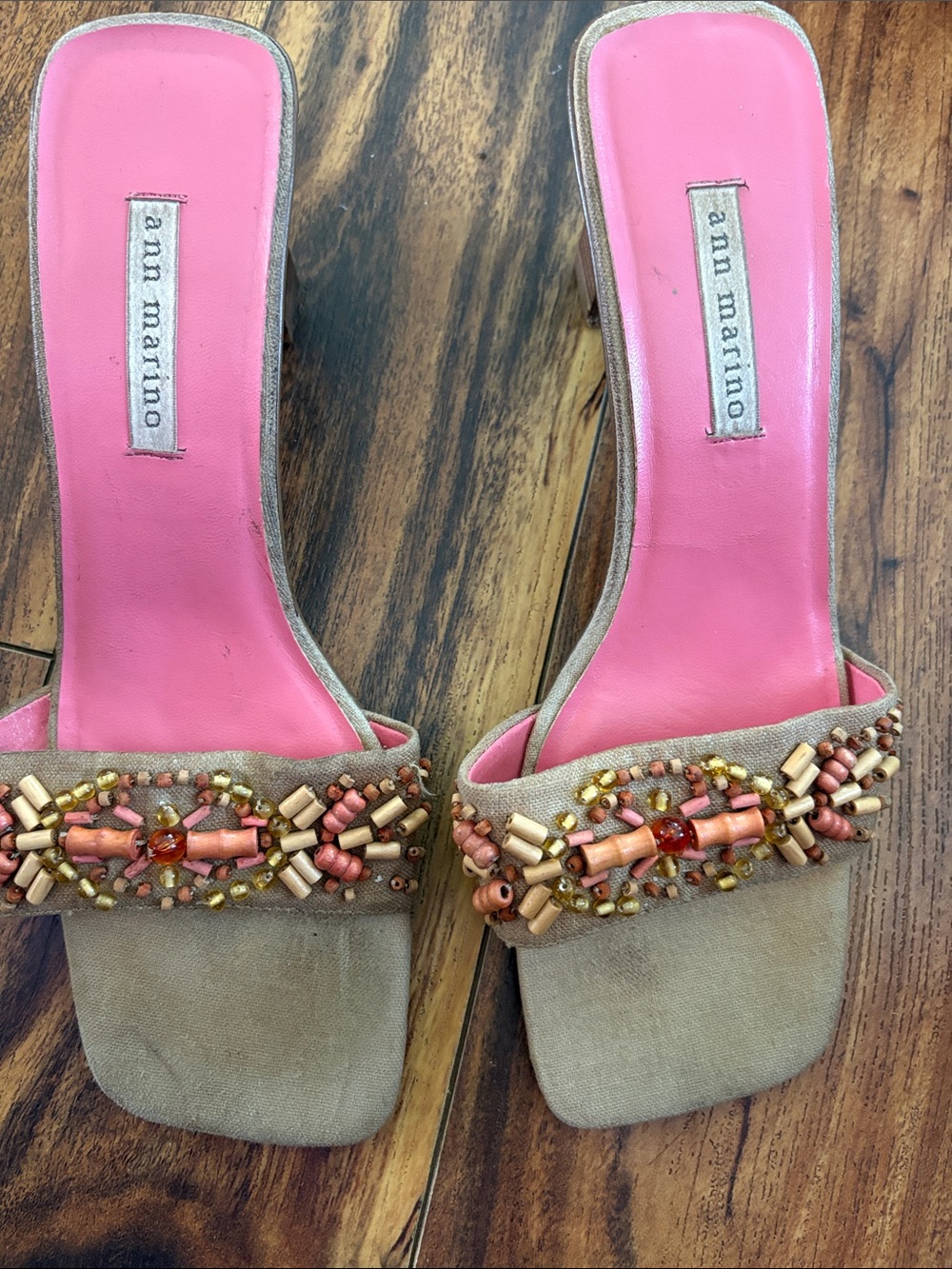 Ann Marino Pink Insole Beaded Tan Slide Mules